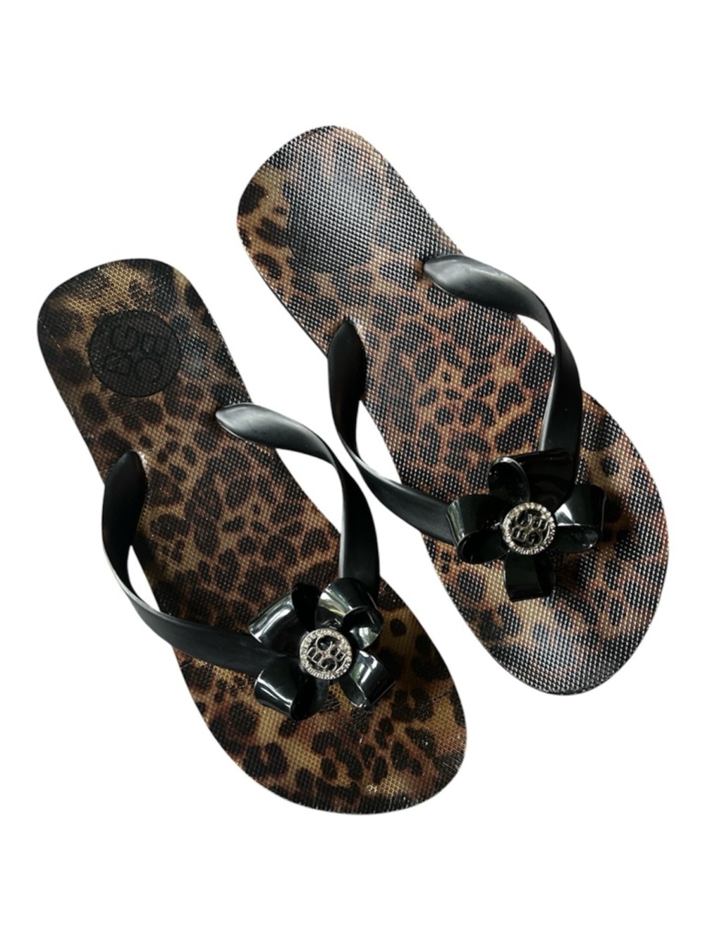 BCBG Black Floral-Accent Leopard Print Flip Flops